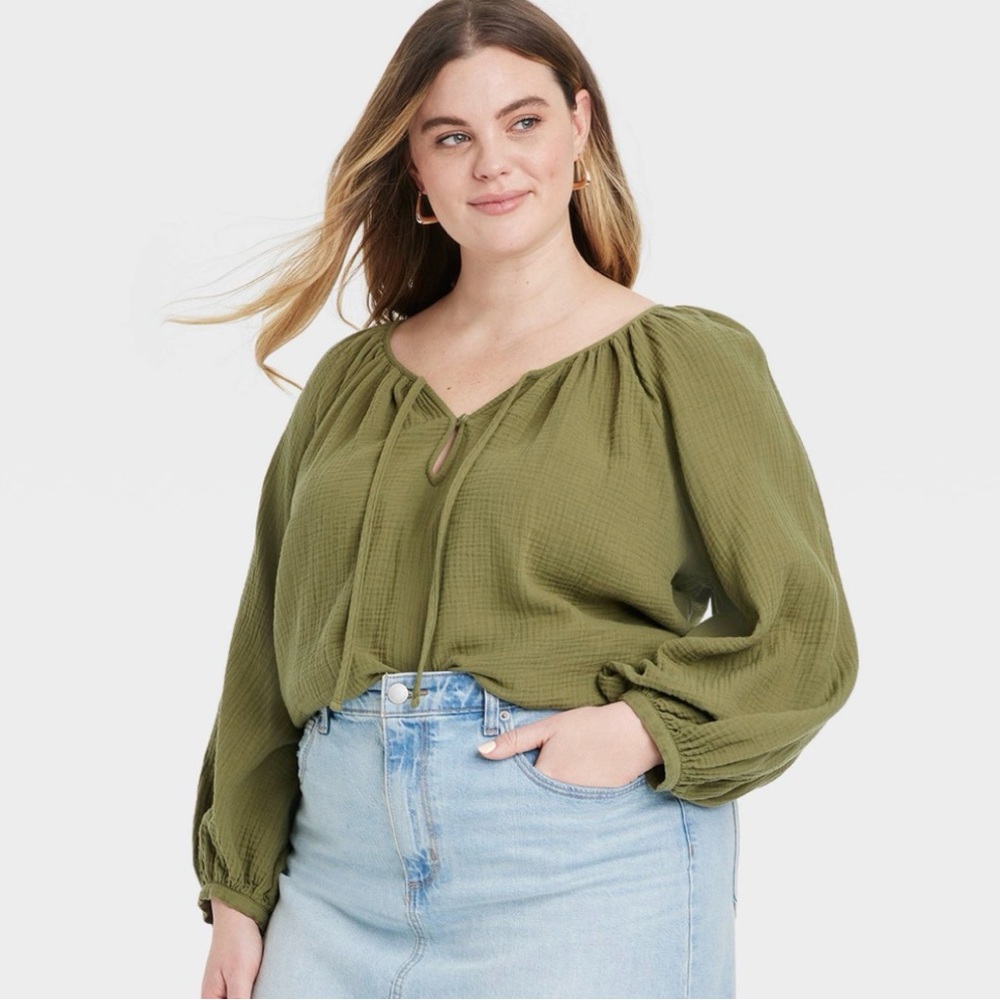Universal Thread Olive Green Cotton Gauze Balloon Sleeve Peasant Top Boho XXL